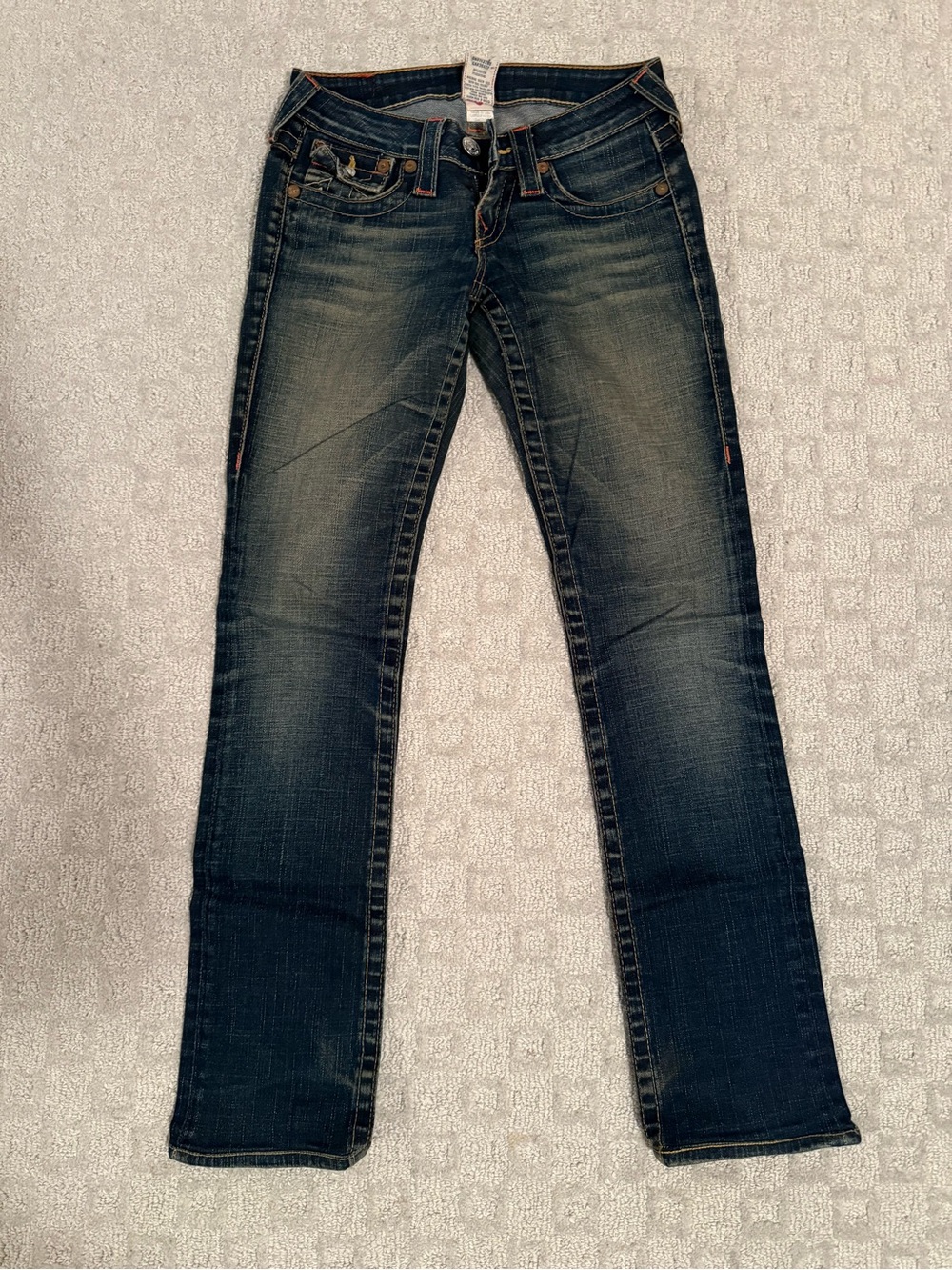 True Religion Women's Jeans in Dark Indigo with Gold and Red Stitching 25